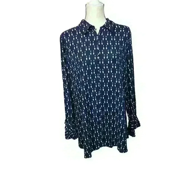Soft Surroundings Womens Med Navy Pink Poet Button Up Blouse Tiered Bell Sleeve - Picture 3 of 10